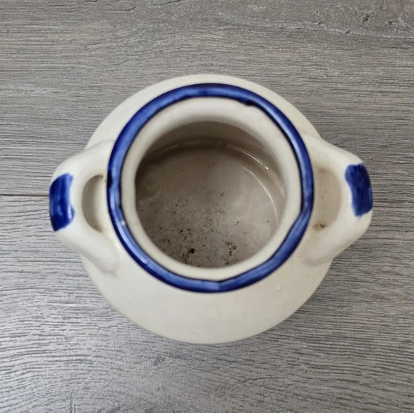 Vtg Farmhouse Chicken Ceramic Milk Can Utensil Holder Blue White - Picture 3 of 8